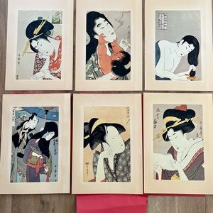 Vintage RARE‎ 1960’s Japanese Wood-block Prints Of Utamaro (1789-1801) Set Of 6